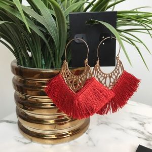 ‼️ Brick Red Thread Fan Earrings Boho Chic Gold